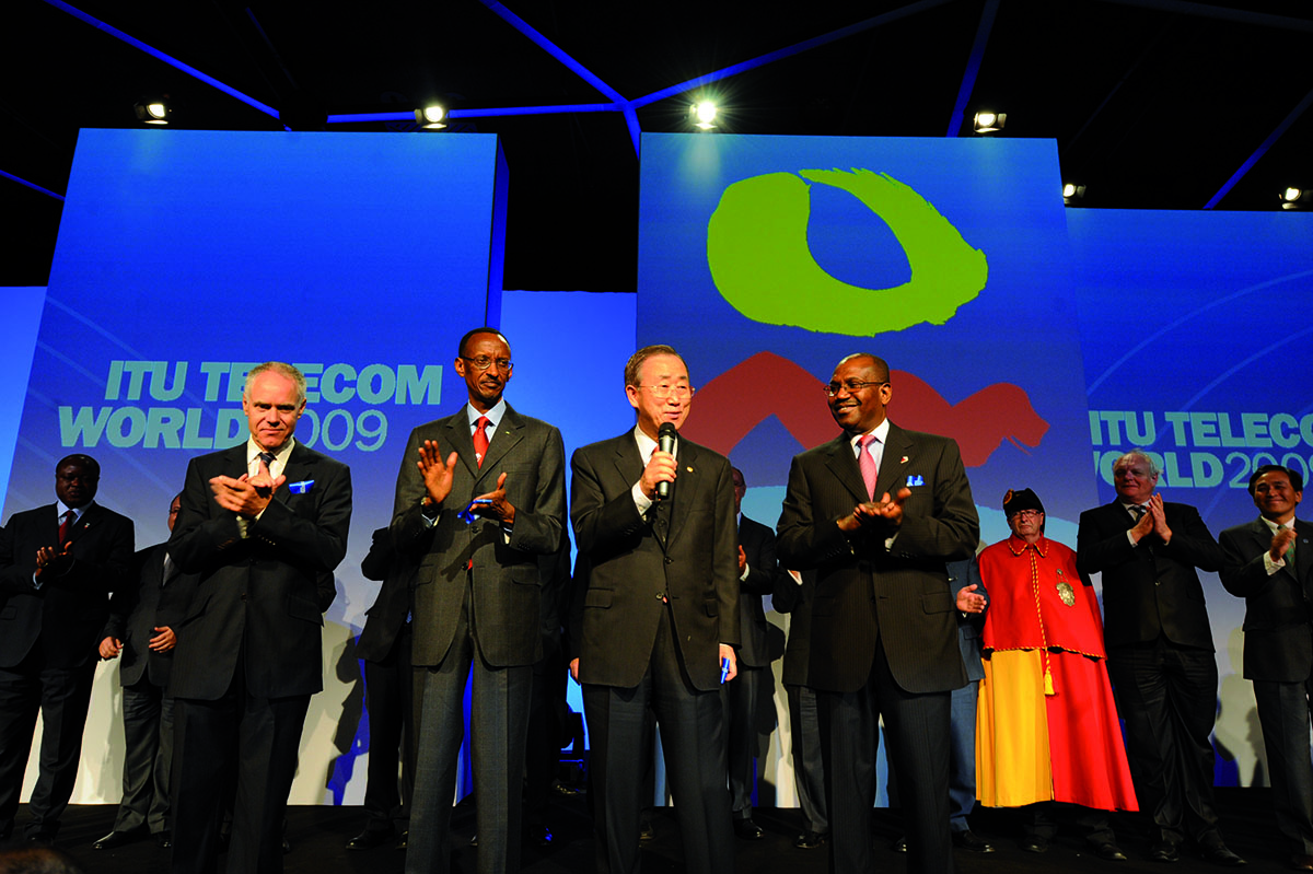 Geneva: opening ceremony (left to right): Moritz Leuenberger, Swiss Federal Councillor and Head of the Federal Department of the Environment, Transport, Energy and Communications; Rwanda’s President Paul Kagame; United Nations Secretary-General Ban Ki-moon; and ITU Secretary General (2007-2014) Hamadoun I. Touré